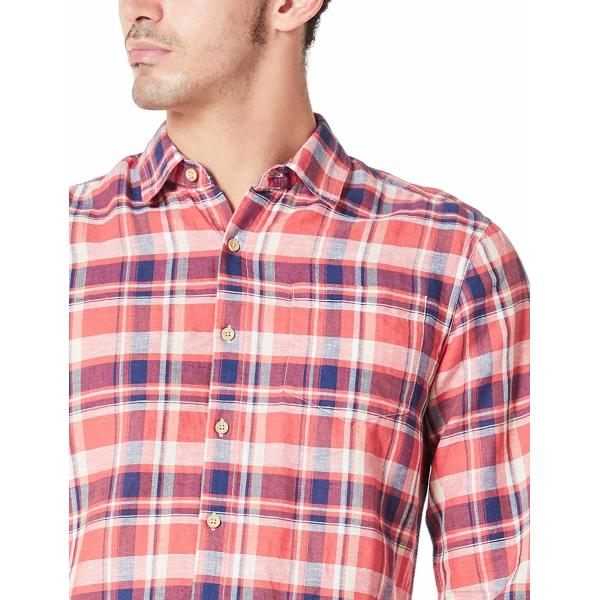 Orange Plaid gingham Mens Casual Linen Shirts with Band Collar