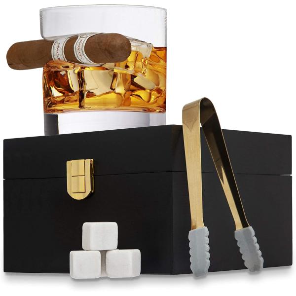 Cigar Whiskey Glass Wooden Gift Box, Old Fashioned Glass, Cooling Whiskey Stones and Tongs Bar Wood Box