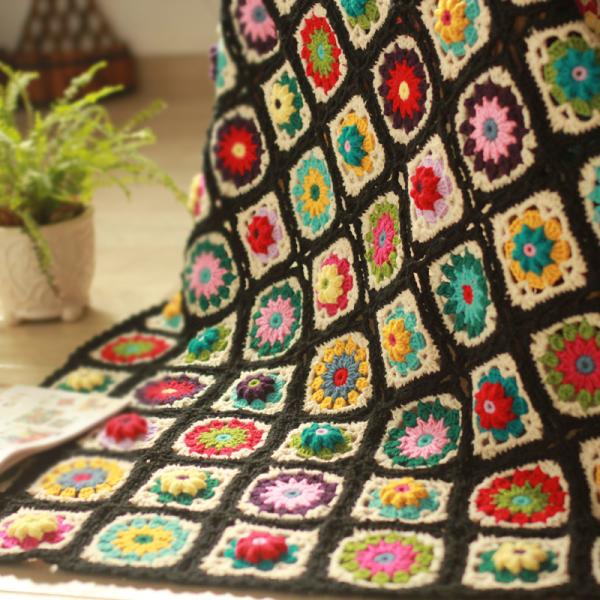 Y-F 90*40 Black Daisy Hippy Flower Crochet Dining Bench Chair Pads Sofa Seat Cushion Cover Granny Blanket