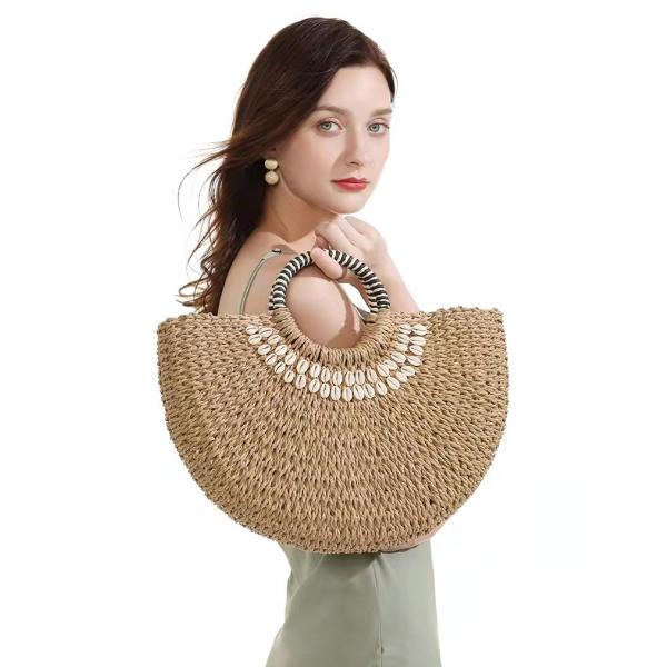 Beach Crochet Hand Bag Brown Shell Decor 32cm×18cm×5cm Size