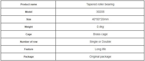 Brass Cage Tapered Roller Bearing 30208 Two Row With V1 V2 V3 Vibration