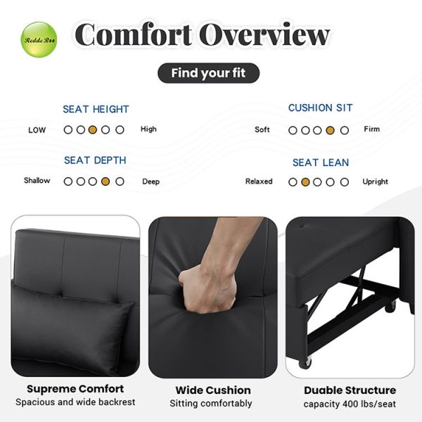 Modern 3-in-1 PU Leather Convertible Sofa Bed with USB Charging Port Space-Saving Pull Out Sofa Bed For Living Room Furniture