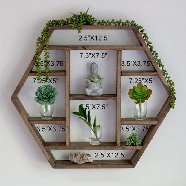 Home Decoration Solid Wood Hexagon Wall Mounted Floating Shelf Wooden Storage Shelves