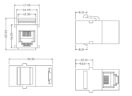 RoHS Cat3e 6p6c RJ11 Inline Coupler 90 Degree Straight Extension