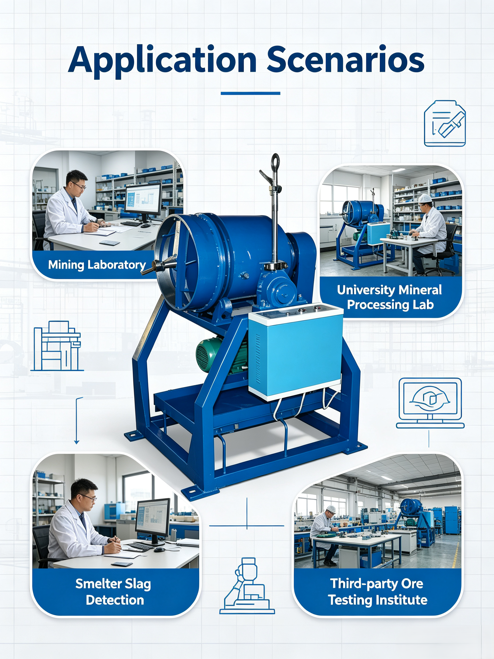 XMGQ φ305×305 mm Bond Work-Index Ball Mill for Ore Grindability Testing with 70±0.5 r/min Speed and 0.75kW Motor