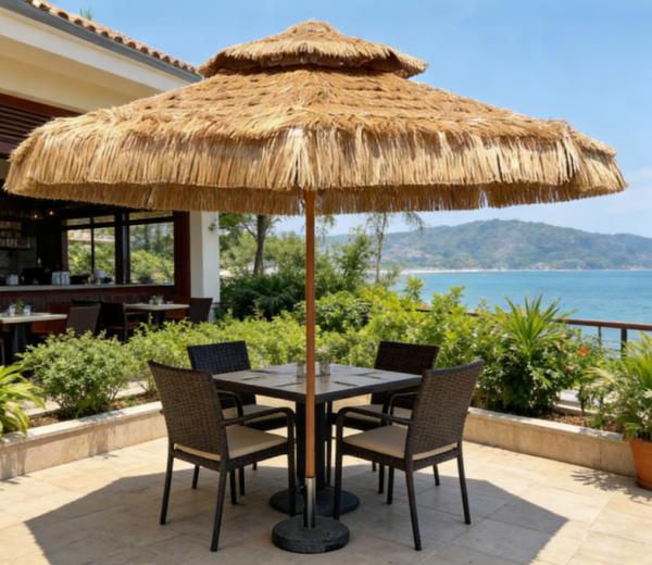 Double Canopy Thatched Umbrella with Ventilation, for Outdoor Lounge and Commercial Patio
