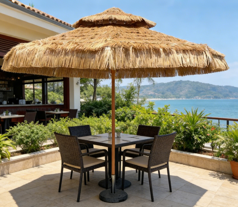 Double Canopy Thatched Umbrella with Ventilation, for Outdoor Lounge and Commercial Patio