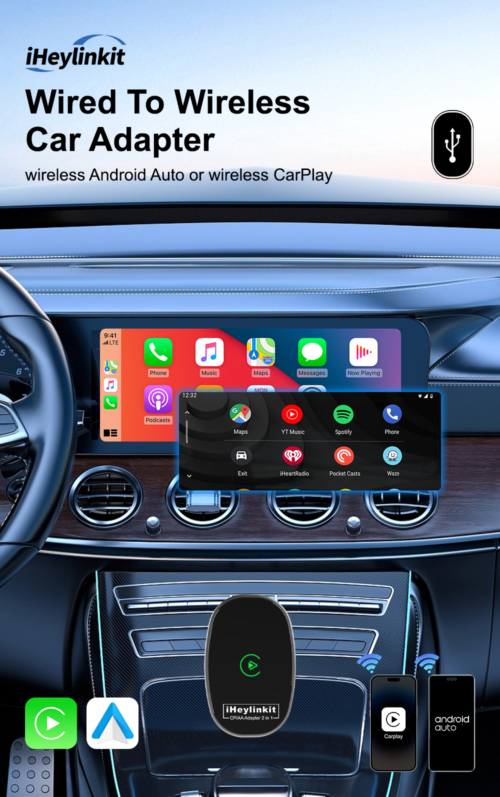 2-in-1 Portable CarPlay & Android Auto Dongle with Wired/Wireless Compatibility USB Plug and Play 1 Year Warranty