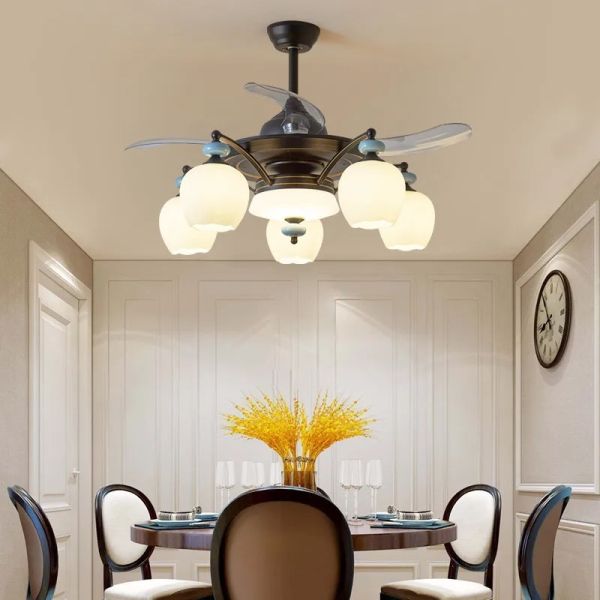 Luxury Ceiling Fan Light Remote LED Electric Fan Light with glass lampshade metal Stealth Fan Light (WH-VLL-28)