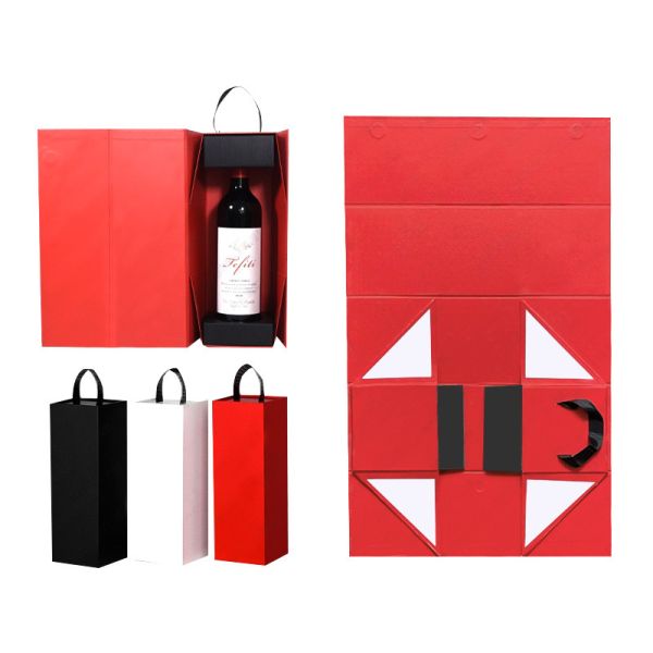 One Piece Foldable Red Wine Gift Box With Carry Strap Creative Business Wine Packaging