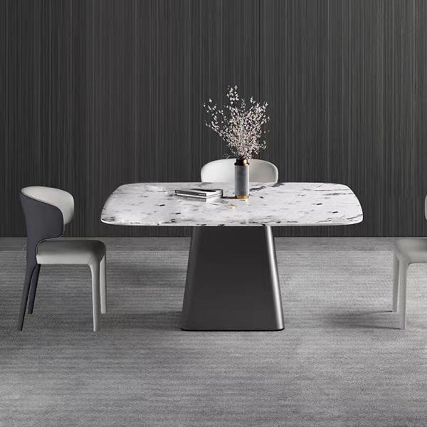 Ceramic Stainless Steel Pedestal Table , Geometric Square Marble Top Dining Table