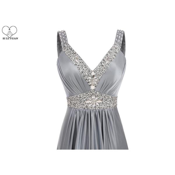 Back Bandage Grey A Line Dress / V Neck Long Silver Beaded Prom Dress Sleeveless