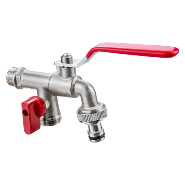BSP Thread Outdoor Garden Hose Tap Red Iron Handle Brass 3 Way Bibcock With Double Outlets