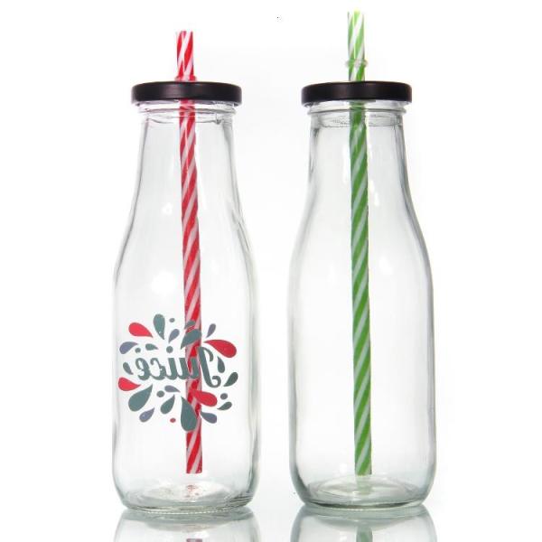 Lead Free French Round 25Oz 32Oz Glass Fresh Milk Bottles For Iced Drinks
