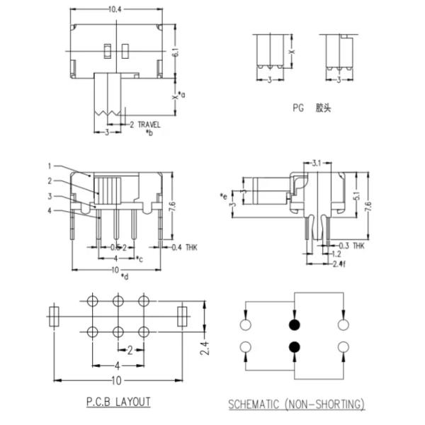 Slide Switch，2P2T Right Angle Sliding Switch,Horizontal  Interruptor On-Off Push Tact Switch, Circuit Toggle Switch,
