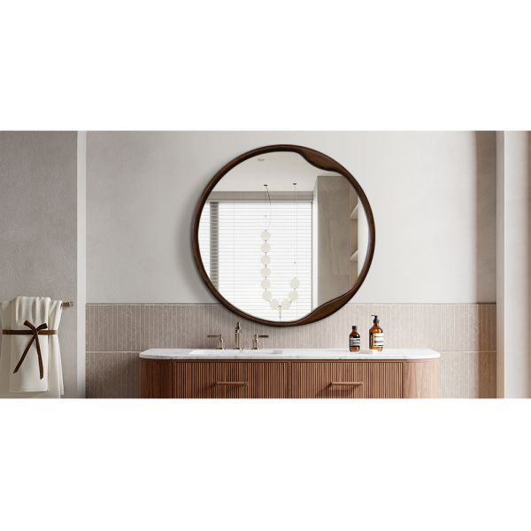 Wall Mounted Asymmetrical Walnut Wood Framed Bathroom Mirror For Hotel