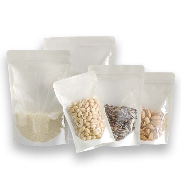 White Stand Up Plastic Pouches Eco Friendly Stand Up Resealable Pouches With Transparent Window
