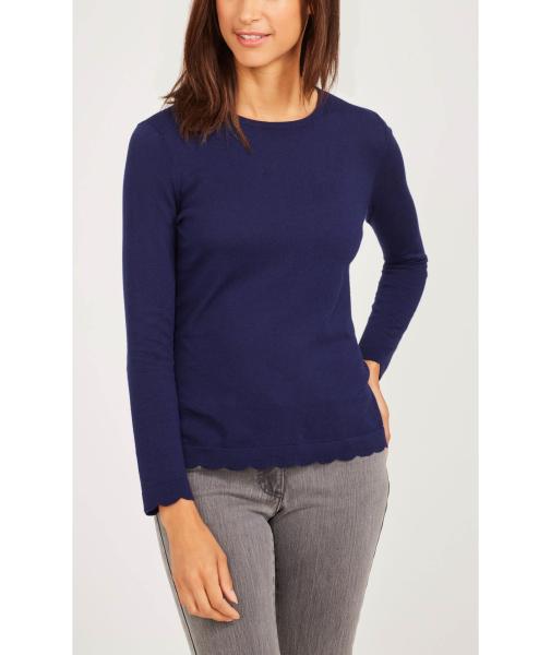 WOMEN'S 54% COTTON/44% MODAL/2% SPANDEX PULLOVER KNITTED STRIPE SWEATER WITH SCALLOP EDGE