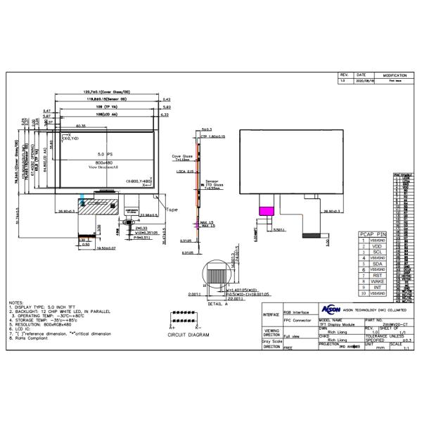 5 Inch IPS TFT LCD Display 800x480 TFT Capacitive Touch Screen