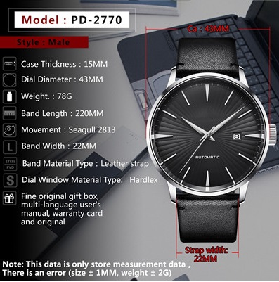кварц Gents OEM 43mm наручных часов кожаного ремня 3atm наблюдает случай нержавеющей стали