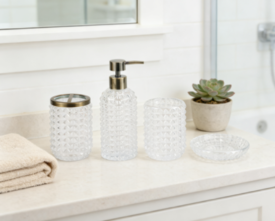 Clear bathroom set round with dots modern design glass lotion pump tumbler soap dish toothbrush holder