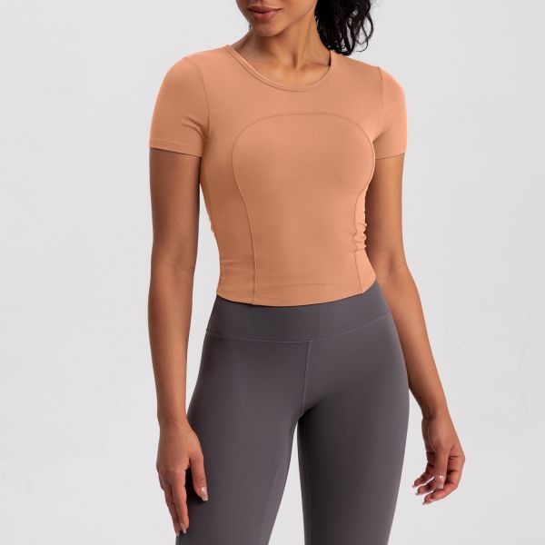Short Sleeve Athletic Top Yoga Activewear Moisture Wicking Form Fitting Brown Breathable