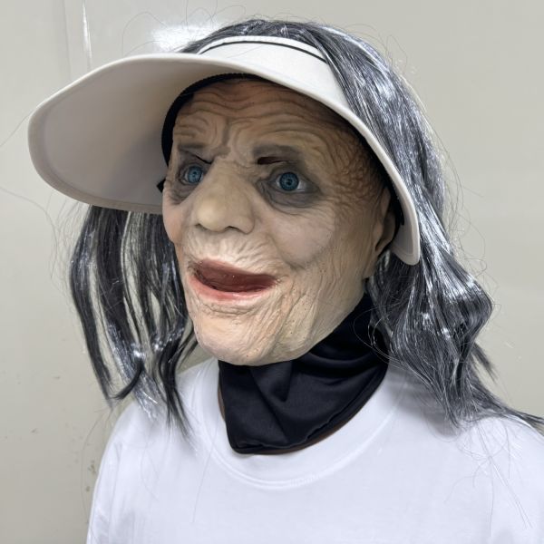 Old Lady Human Face Mask with Wig and Visor, Realistic Latex Elder Woman Mask for Halloween Cosplay Costume, Props