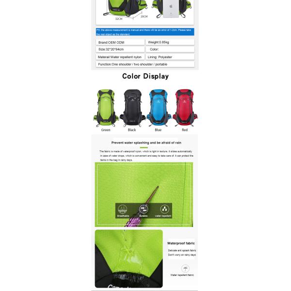 64cm Green Waterproof Hiking Backpack Women'S Lightweight Travel Backpack  40L