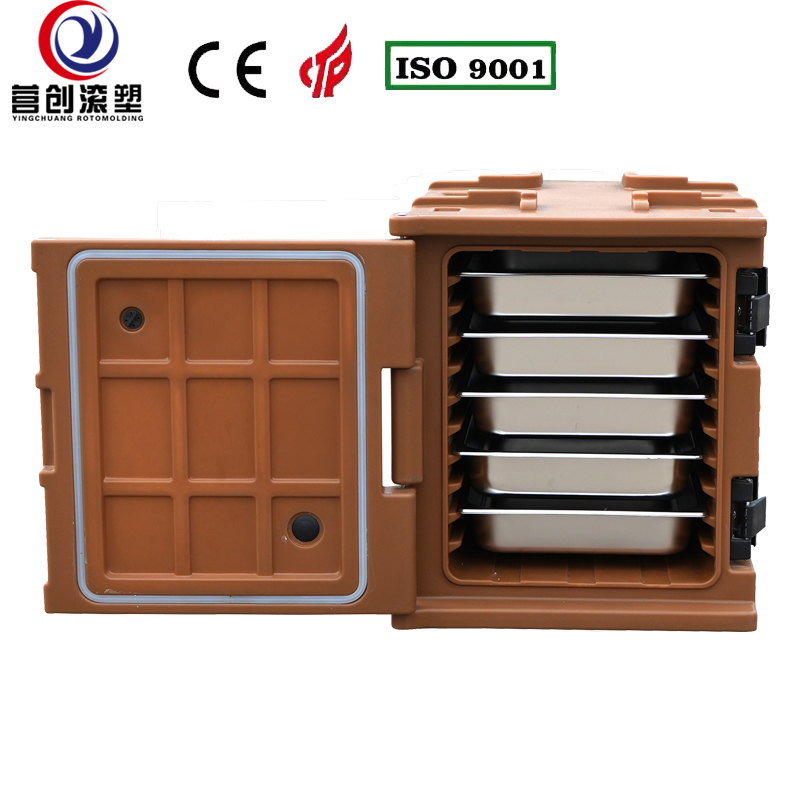 YINGCHUANG OEM 75L Coffee Brown Handle Type Rotomolded Insulated Box, Thick PU Foam Hot & Cold Holding GN Pan Food Transport Cabinet For Catering Canteen Central Kitchen