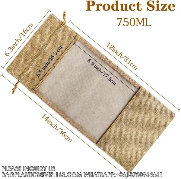 Burlap Wine Bags With Sheer Window, Hessian Cloth Bottle Gift Bags With Drawstring For Christmas Holiday Wedding Party