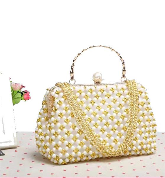 Gold Pearl Beaded Evening Bags Hand Woven with Metal Wrist OEM ODM