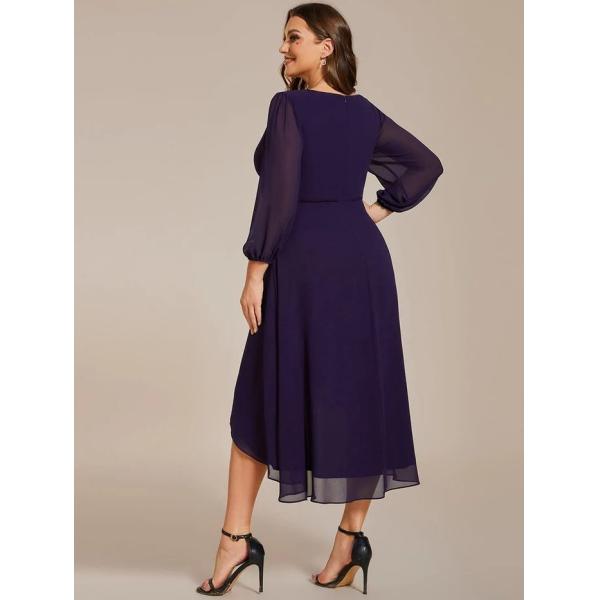 Plus Size Ruffled A-line Long Sleeve V-neck High Low Wedding Guest Dark Purple Chiffon Bridesmaid Dress 