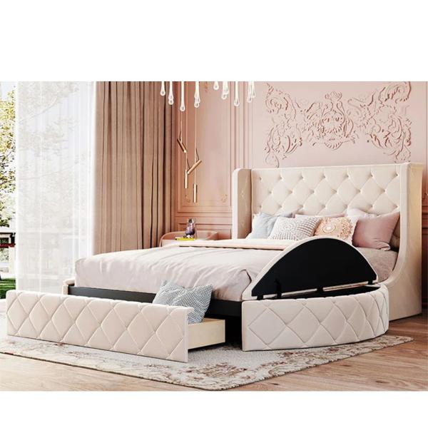 OEM/ODM Turkey simple sleeping bed beige round velvet furniture wooden frame king size Queen size Double size w/ drawer