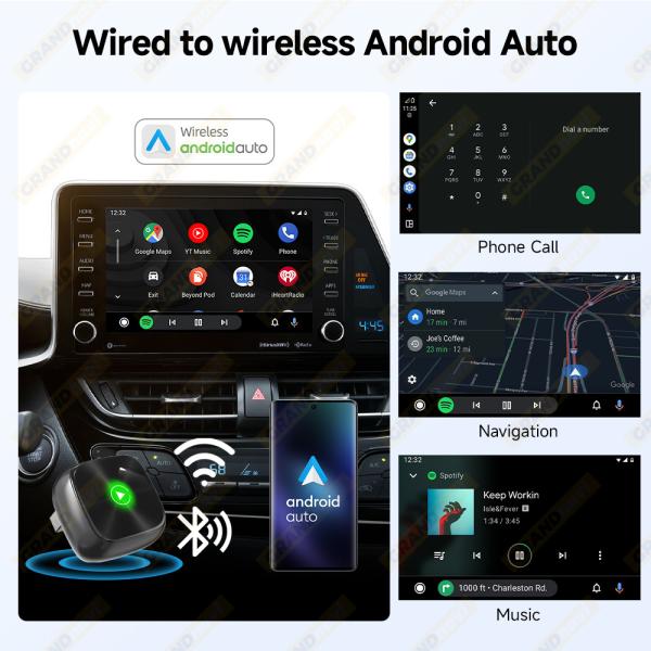 Grandnavi Wireless CarPlay Android Auto Adapter Adapter Upgrade Wired to Wireless BT Play Music Plug and Play CarPlay