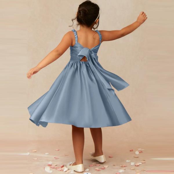 Wholesale Factory Lovely Blue Satin Flower Girl Dress A-Line Ruffles Tea-length Plus Size Sleeveless Children