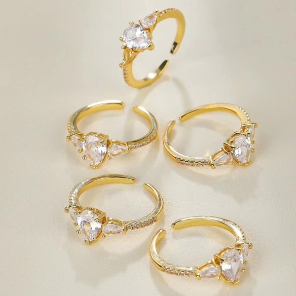 Jiexing Trendy Finger Rings Wholesale 14K Gold Plated Adjustable Shinny Zircon Micro Set Drop Shape Opening Ring