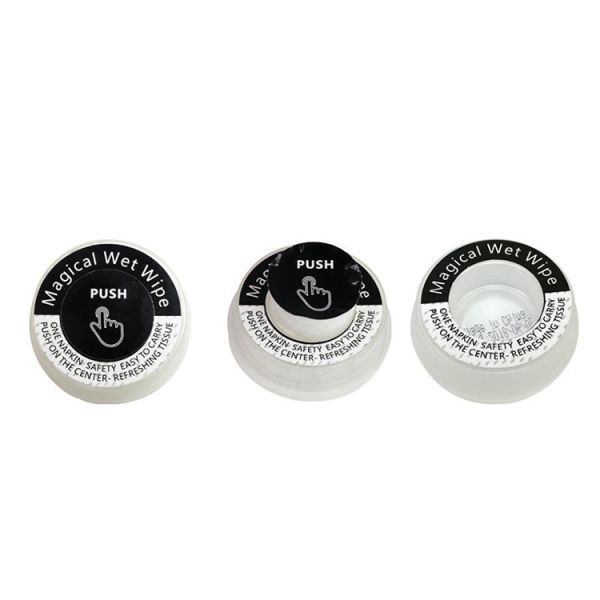 Environmentally Friendly OEM Portable Push Non-woven Biodegradable Towel Magical Tissue Coin Cleaning Wet Wipes