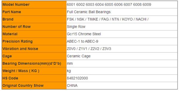 High Temperature ZRO2 Hybrid Ceramic Bearings 6001 6002 6003 6004 6005 6006 6007 6008 6009