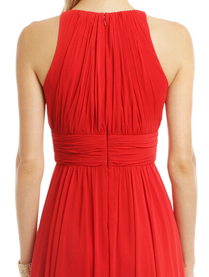 Women Floor Length Red Pleated Evening Dress