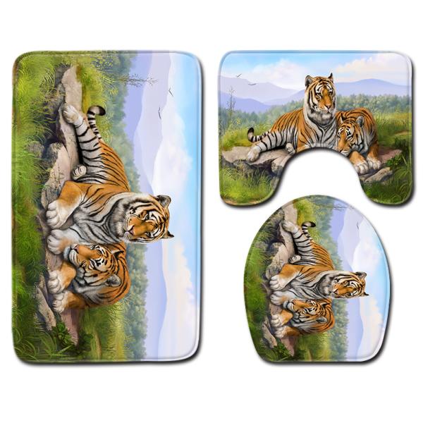 Wild Animal Toilet Seat Cushion Tiger Leopard 3pc Bathroom Rug Set