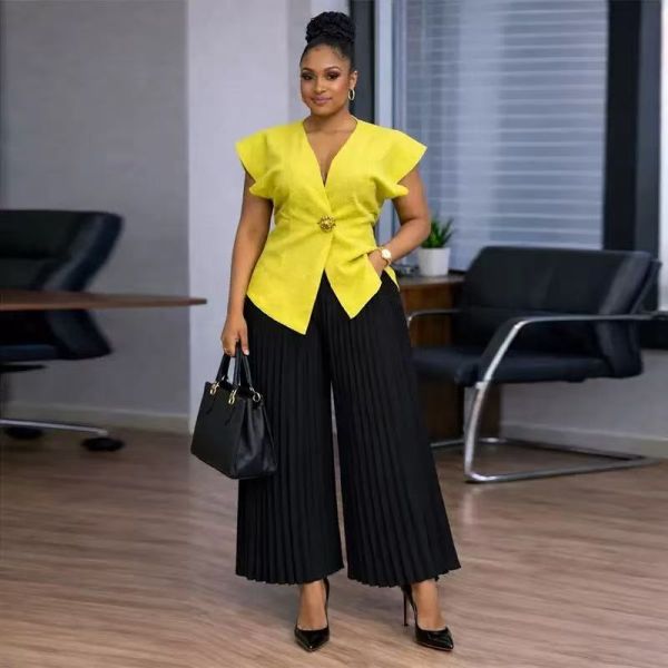 Elegant Women's Two-Piece Set with Pleated Wide-Leg Pants and Structured V-Neck Top Featuring Gold Accent Button