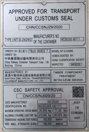 Placa CSC de contenedor de envío ISO en contenedor