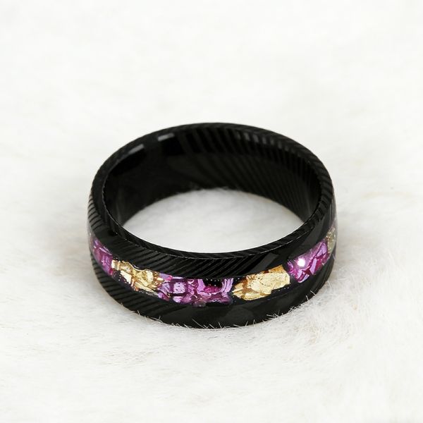 8mm Black Damascus Steel Ring with Amethyst & Gold Leaf Inlay - Stylish Wedding Band for Men and Women