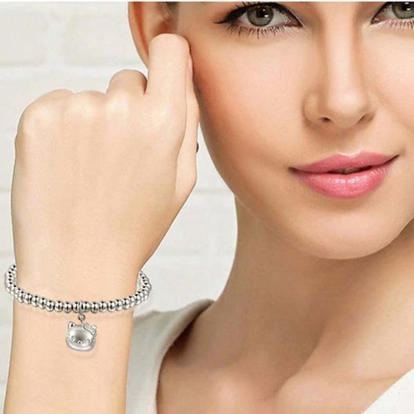 5mm Sterling Silver Beads Bracelet with 925 Silver Cat Charm 6.5 inches (B120703)