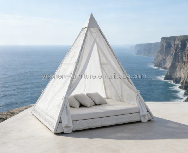 Triangular Patio Cabana With Curtain Wicker Plastic Canopy Sunbed Backyard Rattan UV Resist Day Bed