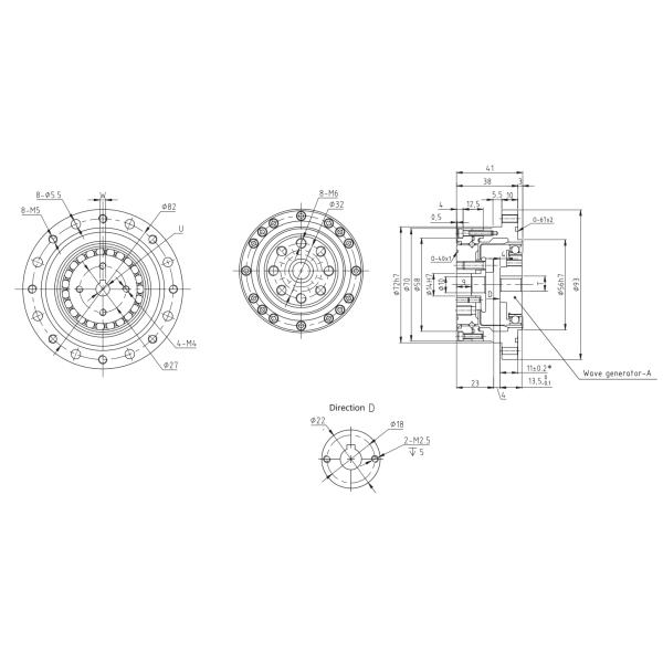 High Reduction Ratio LSN Series Model 20 Strain Wave Reducer 0.73kg Light Weight Gear Units