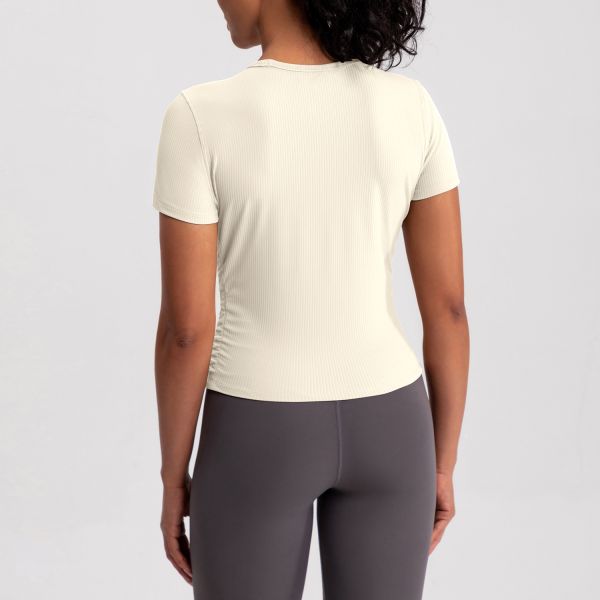 Ribbed Short Sleeve Women Activewear Tops Beige Slim Fit Moisture Wicking