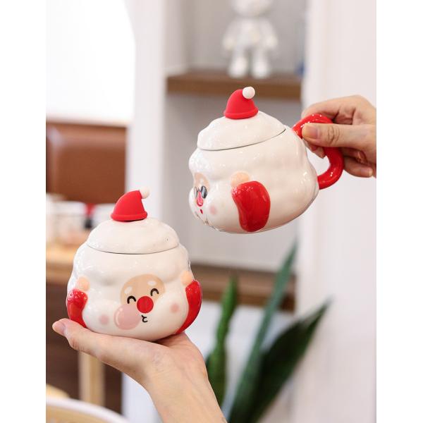 Christmas Occasion Coffee Mugs Custom Santa Cartoon Ceramic Mug with Lid Spoon Gift Set