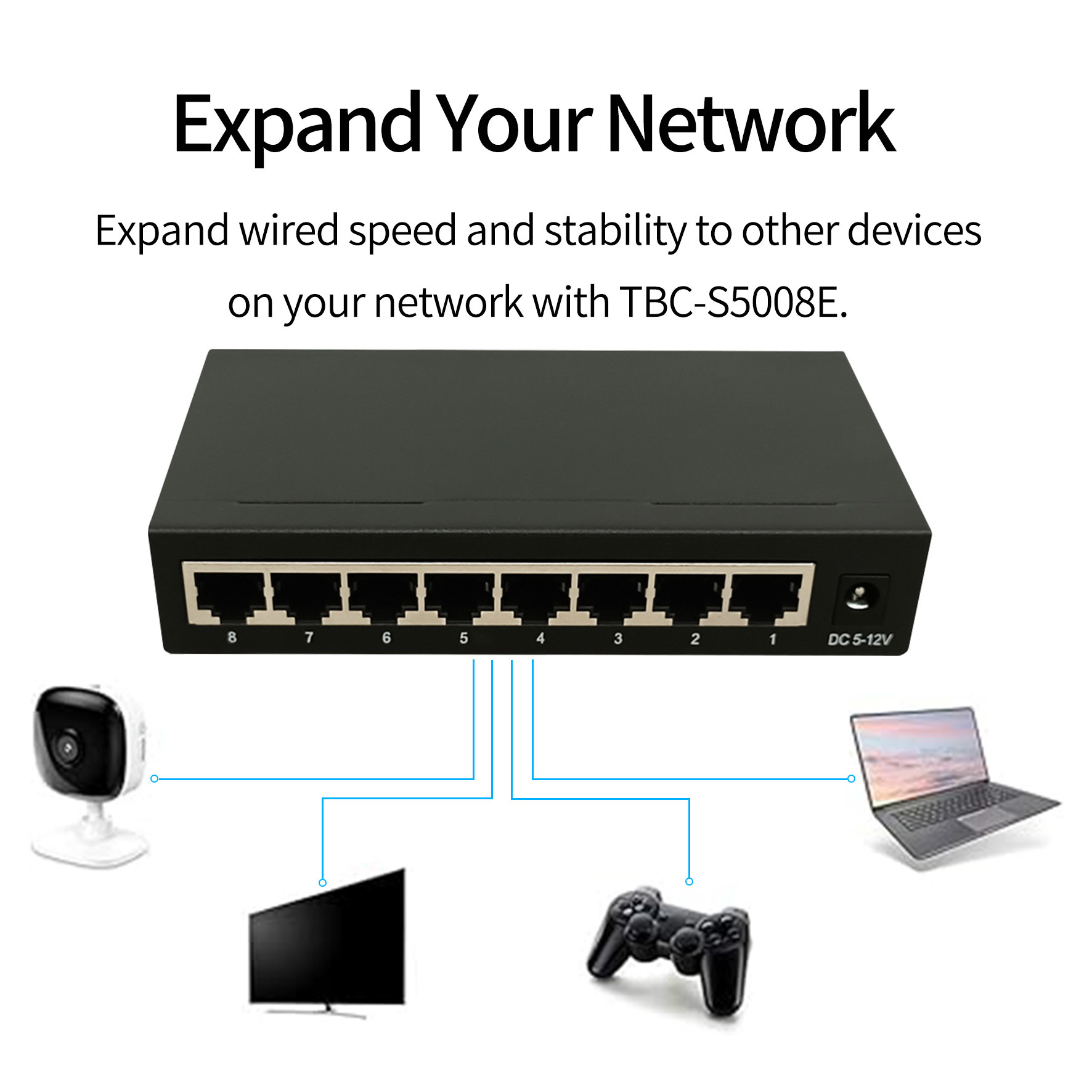 8-Port Gigabit Ethernet Switch Unmanaged Desktop Network Switch Metal Housing Plug & Play TBC-S5008E