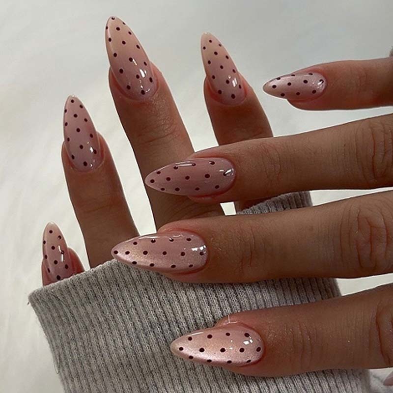 Vintage Polka Dot Cat Eye False Nails Stiletto Nude Pink False Nails